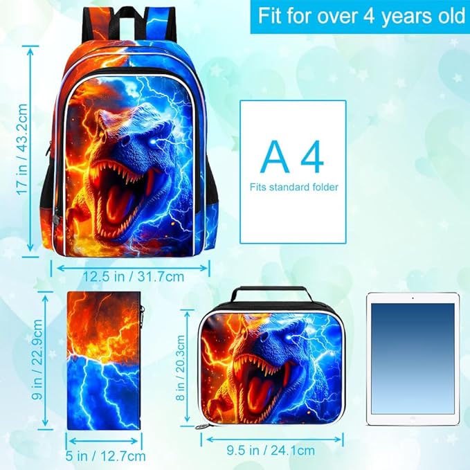 gxtvo 3PCS Dinosaur Bookbag for Boys, 17" Kids Backpack with Lunch Box, Water Resistant Middle Elementary School Bag - Fire & Lightning T. rex