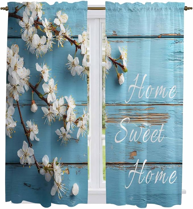 Farmhouse Wooden Grain Kitchen Curtains, Vintage Shabby Chic Flower Blue Light