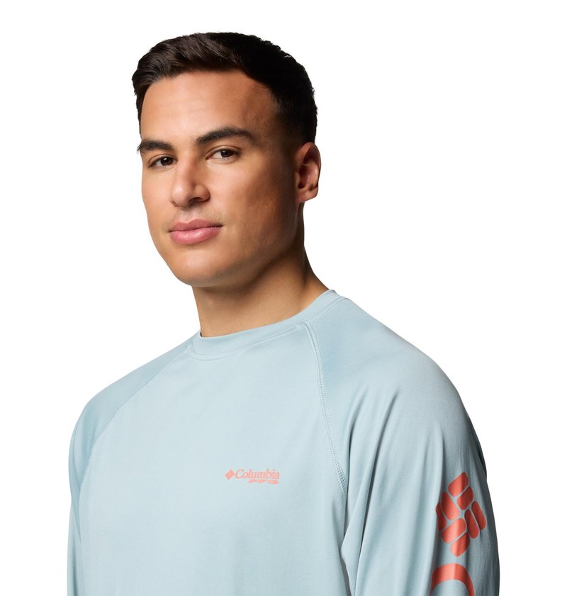 Columbia Men's PFG Terminal Tackle Long Sleeve Fishing Shirt, Crushed Blue/Faded Peach Logo, X-Large