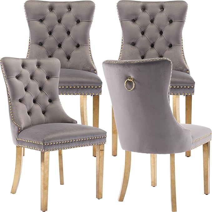 Luxury Upholstered Dining Chairs Set of 4, Grey Kitchen Chair with Golden Metal Legs, Velvet Tufted Back Dining Chair, Sillas de Comedor, Modern Kitchen & Dining Room Chairs (Gray, 4 Pcs)