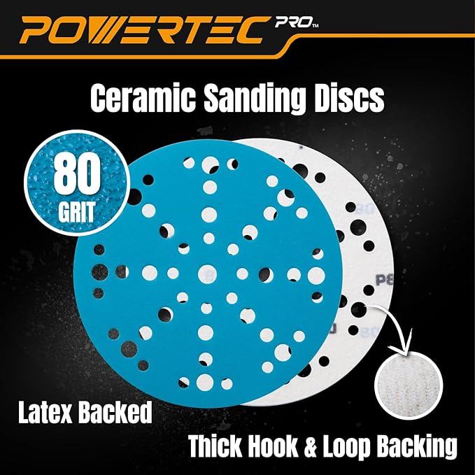 POWERTEC PRO 50PK, 6 Inch 49 Holes Hook and Loop Sanding Disc, 80 Grit, Ceramic Hook and Loop Backing Discs for Festool Random Orbital Sanders - Automotive, Paint, Metal, Woodworking (46108C-50)