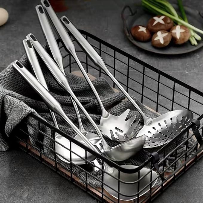 18/10 Stainless Steel Cooking Utensils Set 9 Pack Metal Kitchen Utensil, Spatula, Serving Soup spoon, Leaking shovel, Ladle, Tunner, Pasta Server, Meat Fork Kitchen Tools Set