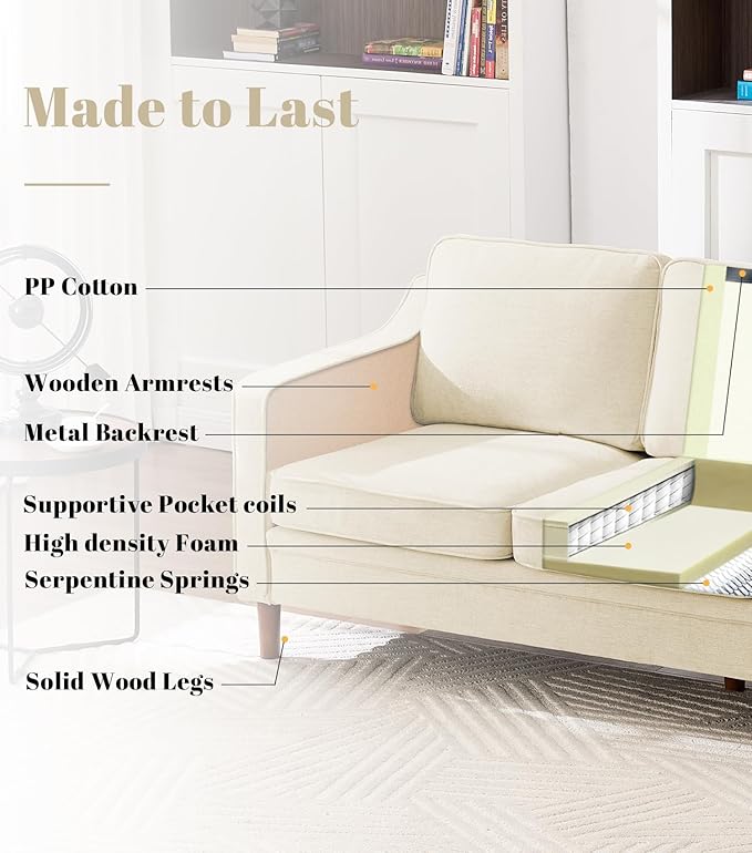 Kingfun Living Room Furniture Sets, 2 Armchair and Loveseat, Mid Century Modern Sofa Set, Chenille Couch with Solid Wood Frame for Living Room & Bedroom, Beige