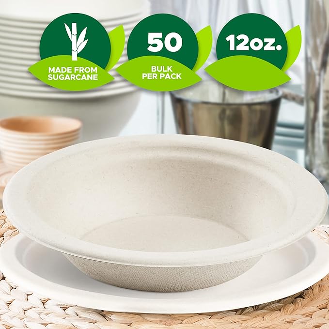 PAMI 100% Biodegradable Sugarcane Bowls [Pack of 50] 12 oz. Natural Compostable Soup Bowls- Planet-Friendly Bagasse Bowls For Hot & Cold Uses- Heavy-Duty Disposable Microwavable Paper Serving Bowls