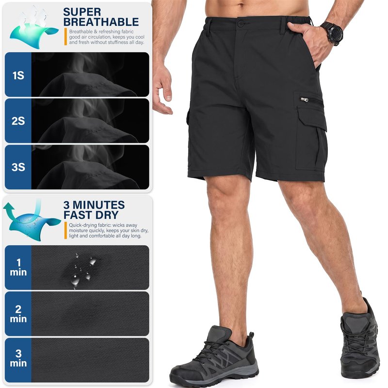 Jessie Kidden Mens Outdoor Casual Expandable Waist Lightweight Water Resistant Quick Dry Fishing Hiking Shorts (6222 Black 44)