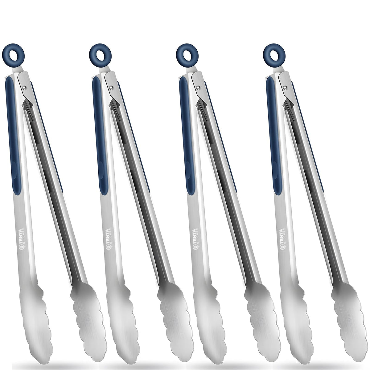Tongs for Cooking, 9-Inch Stainless Steel Kitchen Tongs, Locking Metal Food Tongs with Silicone Non-Slip Grip, Kitchen Utensils for Food, Salad and Outdoor BBQ (Set of 4)