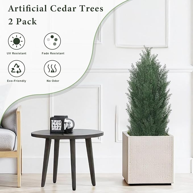 THE BLOOM TIMES 3ft Topiary Trees Artificial Outdoor Set of 2, UV Resistant Faux Cedar Pine Cypress Bushes & Shrubs, Fake Plants for Front Porch Outside Planter Patio Christmas Decor 3 Foot Tall