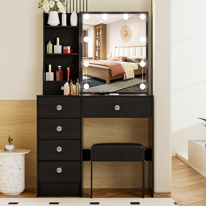 Black Vanity Desk with Sliding Mirror and Light, Small Makeup Vanity Table with 5 Drawers and Cushioned Stool for Bedroom, Makeup Vanity Set for Bedroom