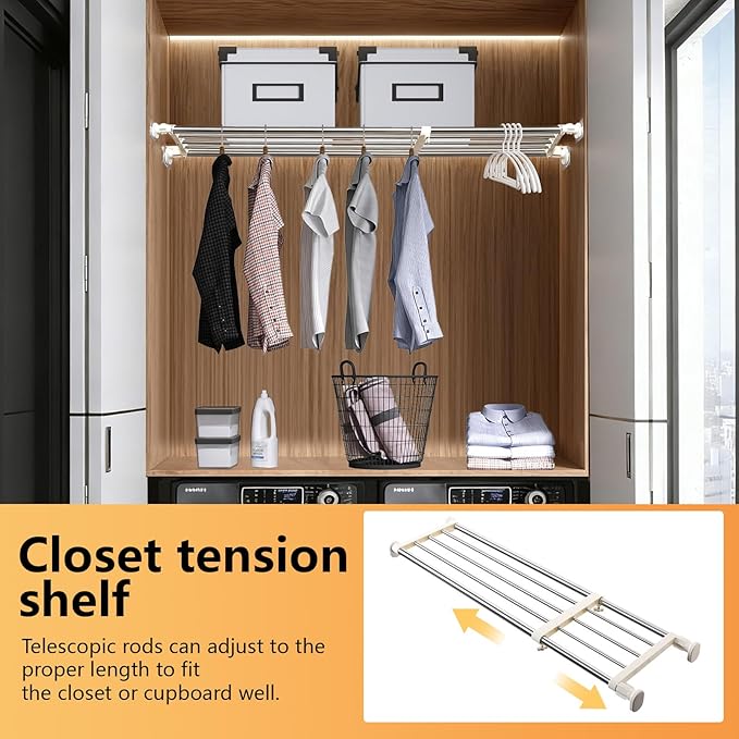 BAOYOUNI Tension Shelf Adjustable Closet Rod Space Saving Wardrobe Clothes Dividers Ivory, 33.07-46.26 Inches