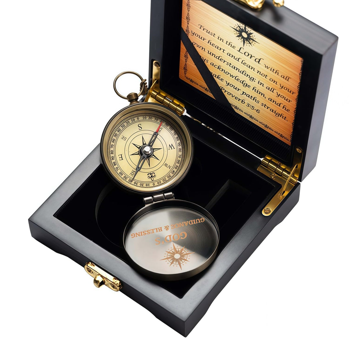 Trust in The Lord Compass - Proverbs 3: 5-6 Engraved Compasses, Wood Box Greeting, Inspirational Gift Men, Christian Boys Baptism Gifts, Graduation Day with Wooden Box