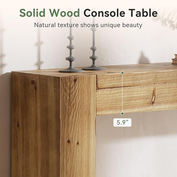 Solid Wood Console Table, 63-Inch Farmhouse Sofa Table Behind Couch for Entryway, Living Room, Foyer, Easy Assembly (Light Wood)