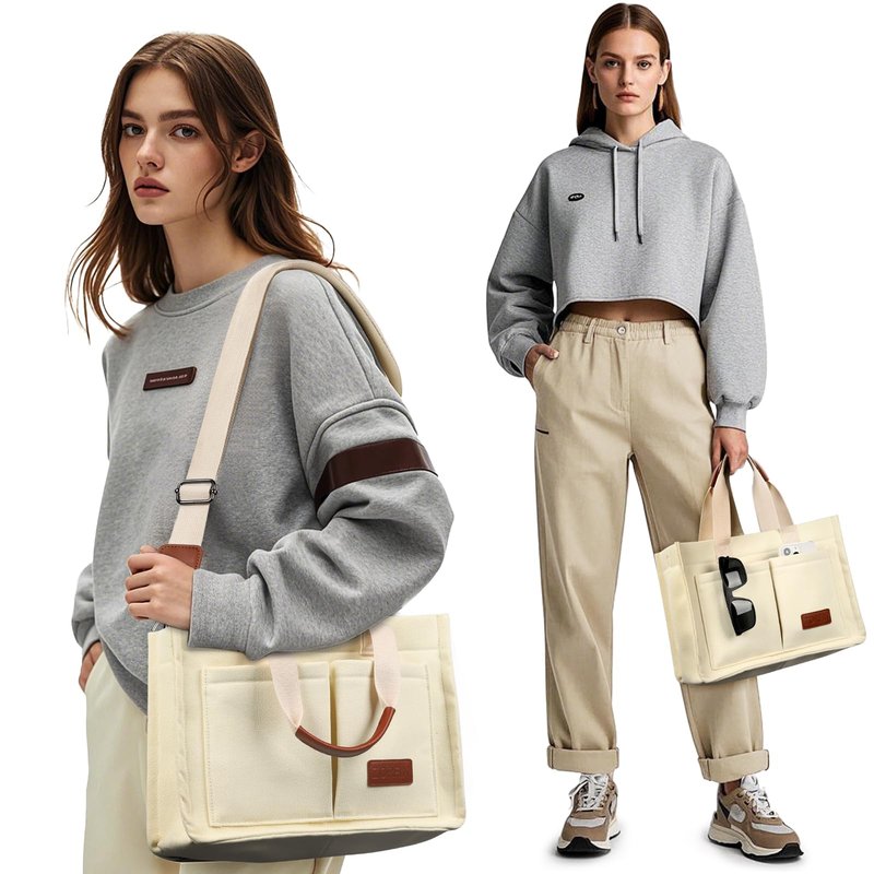 ZORFIN Canvas Tote Bag for Women with Zipper and Compartments Crossbody Work Laptop Bag for Travel College Office, Beige