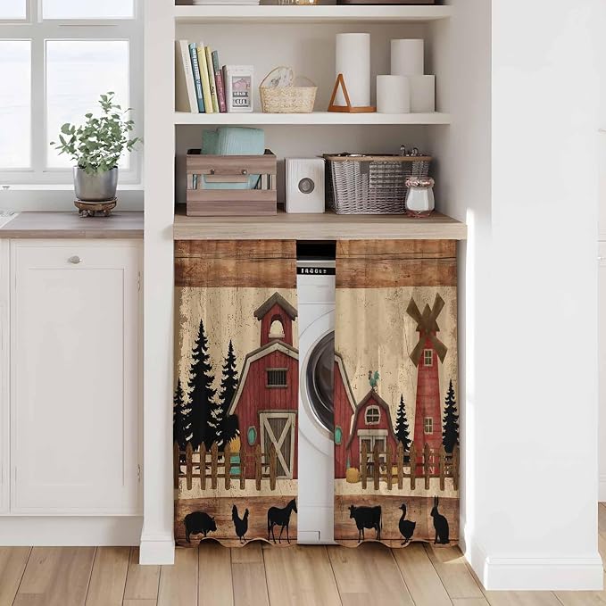 Brown Farmhouse Kitchen Curtains, Vintage Country Animals Wooden Grain Light