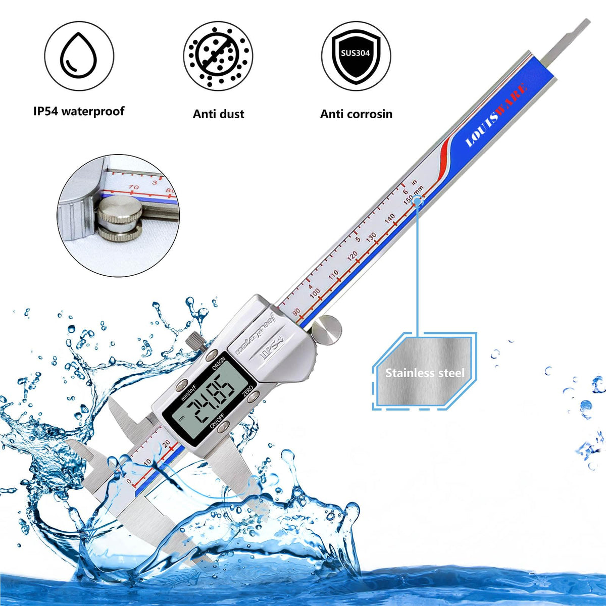 Digital Caliper Measuring Tool, IP54 Waterproof Stainless Steel Vernier Caliper Digital Micrometer with Large LCD Screen, Easy Switch from Inch Metric, 6 Inch Caliper Tool for DIY/Household