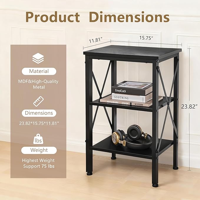 VECELO End Table Set of 2, Bedside Table, 24" Tall Living Room End Tables, X-Design Reinforced Nightstands, Side Table with 3-Tier Storage Shelves for Small Spaces, Office, Bedroom, Classic Black