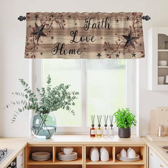 Kitchen Curtains Tiers and Valance Set of 3, Farmhouse Star Brown Light