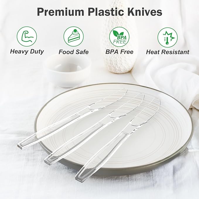Dealusy 300 Count Extra Heavy Duty Clear Plastic Knives Disposable