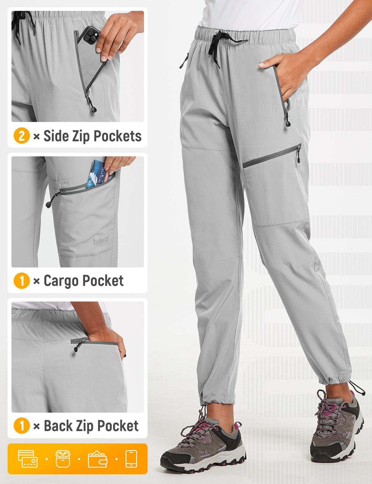 baleaf Women's Hiking Pants Quick Dry Water Resistant Lightweight Joggers Pant for All Seasons Elastic Waist Glacier Gray Size M