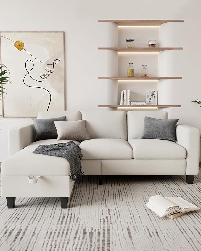 Sectional and Sofa Couches for Living Room, Linen 3-Seat L-Shaped Sofa with Storage Ottoman, Pet-Friendly Washable Fabric, Convertible Couches for Small Apartments, Bedroom, Office