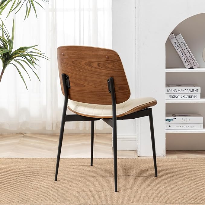 LUNLING Dining Chairs Set of 4 Mid Century Modern Retro Faux Leather Chairs with Walnut Bentwood Upholstered Seat Metal Legs Chair,Adjustable Foot for Kitchen Dining Room Chairs(Beige)