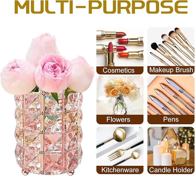 XB'ANG Flower Pattern Makeup Brush Holder Organizer Crystal Cosmetic Cup Eyeliners Eyebrow Pencil Storage Box Container Vanity Decor Accessories (Rose Gold)