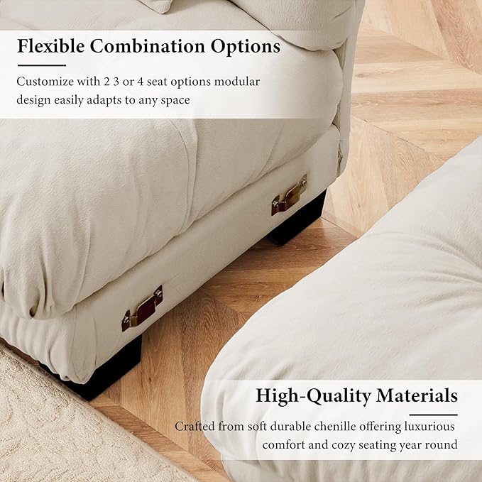 94.4" Loveseat Sofa, 2 Seater Modular Sectional Sofa, Beige Large U Shaped Sectional Couches, Fluffy Chenille Cloud Couch with Ottoman, Deep Seat for Living Room