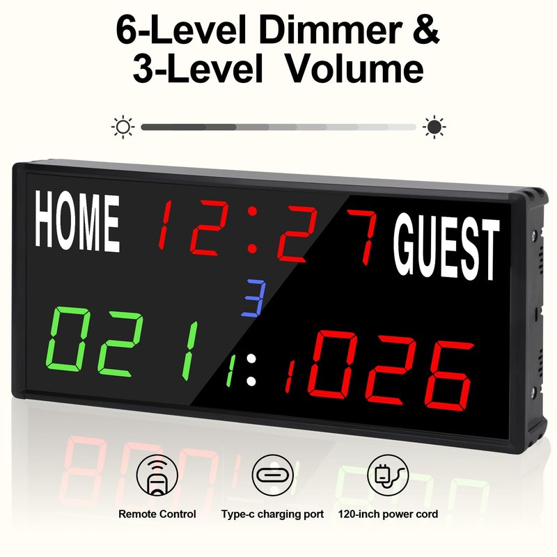 LED Electronic Scoreboard Digital Score Keeper with Remote/Timer/Shot Clock,Portable Basketball Scoreboard with 40-Foot Remote Control ,100FT VISIBLE,24H Clock,Score History,6 Brightness,3 Placements