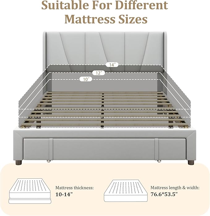 Full Bed Frame with Storage Drawers, Upholstered Full Size Platform Bed with 47" Tall Headboard and Wingboard, No Box Spring Needed, Noise Free, Easy Assembly, Wooden Support Slats, Light Grey