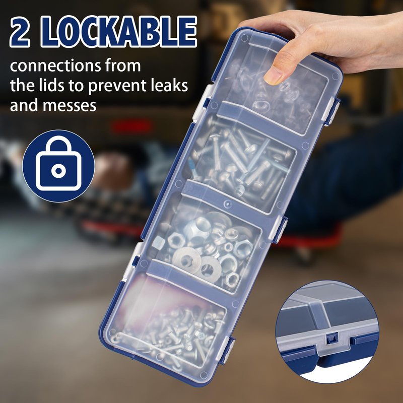 Hushee 6 Pcs Screw Organizer Box with Lid 4 Compartments Small Parts Organizer Plastic Stackable Nut and Bolt Hardware Storage Tool Bin Divider Sorting Screw Box for Workbench Garage (Blue)