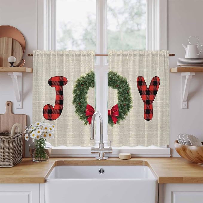 Red Green Christmas Kitchen Tier Curtains 45 Inch Long 2 Panel Set, Rod Pocket