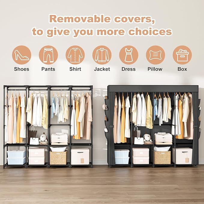 Portable Closet for Hanging Clothes, 67 Inch Wide Portable Wardrobe Closet with Cover, 4 Hanging Rod, Storage Shelves and Side Pockets, Large Free Standing Closet for Bedroom, Black