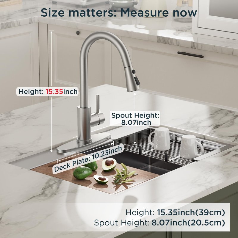 QFN Kitchen Faucet with Pull Down Sprayer Brushed Nickel, High Arc Single Handle Single Level Stainless Steel Pull Out Sink Faucet for Farmouse Camper RV Bar, Fit for 1 or 3 Hole