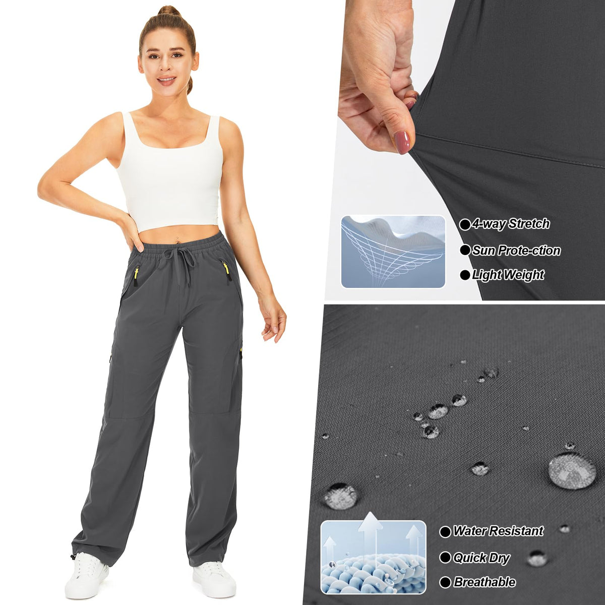 Womens Hiking Pants Quick Dry UPF 50 Lightweight Travel Golf Cargo Safari Pants Zipper Pockets,6608,Dark Grey,Petite S