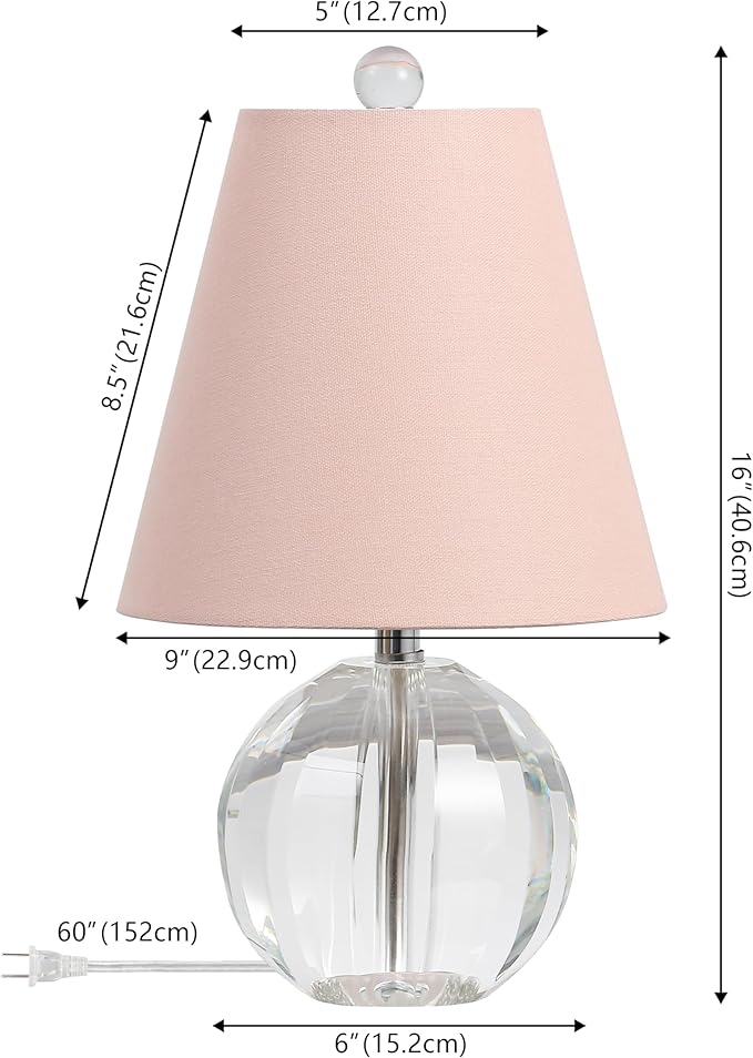 JONATHAN Y 16" Clear/Pink Crystal Ball LED Table Lamp, White Modern Bedside Lamp, with White Linen Empire Shade, Glam Orb Glass Nightstand Lamp for Living Room, LED Bulb (JYL2079C)
