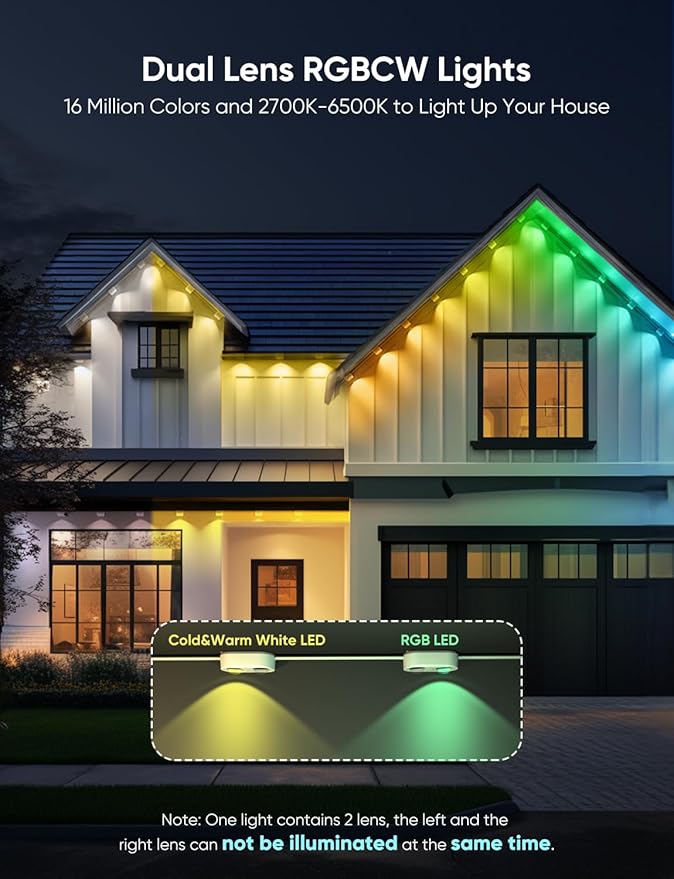 APPECK Permanent Outdoor Lights Pro 200ft, 144W RGBCW Eaves Lights with 144 LED Lights, 80lm, Cuttable, 111 Scene Modes, IP67 Waterproof Lighting for Christmas Decoration, Work with Alexa, White