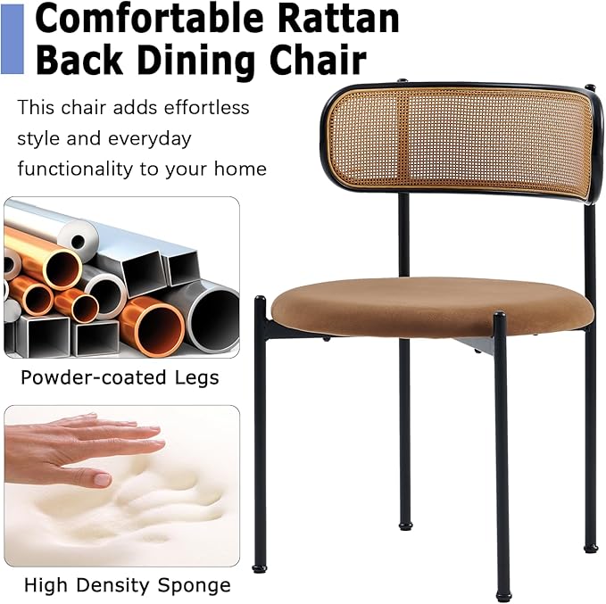 Rattan Dining Chairs Set of 2, Mid Century Modern Dining Chairs with Cane Back and Boucle Upholstered Seat, Farmhouse Kitchen Chairs for Dining Room and Living Room, Brown