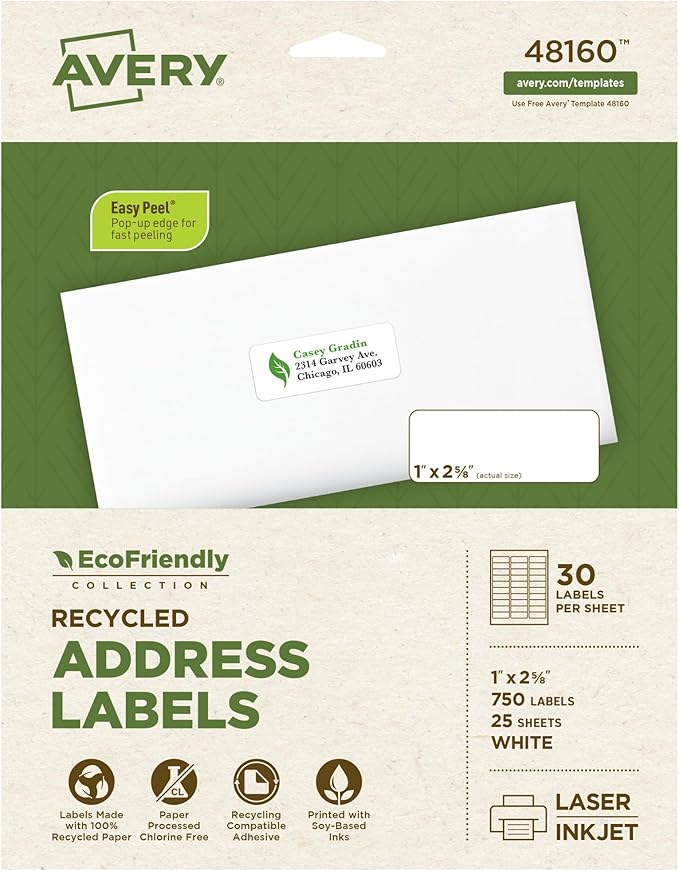 Avery EcoFriendly Recycled Address Labels, 1" x 2-5/8", White, Permanent Label Adhesive, 750 Printable Labels (48160)