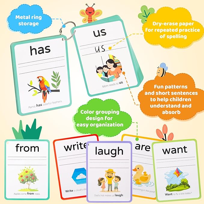 Big Size Sight Words Flash Cards Kindergarten, 250 Dolch Sight Words Game with 5 Levels, Preschool Toddler Flash Card for Writing Reading Spelling Game, Educational Learning Toy for Kid Age 3
