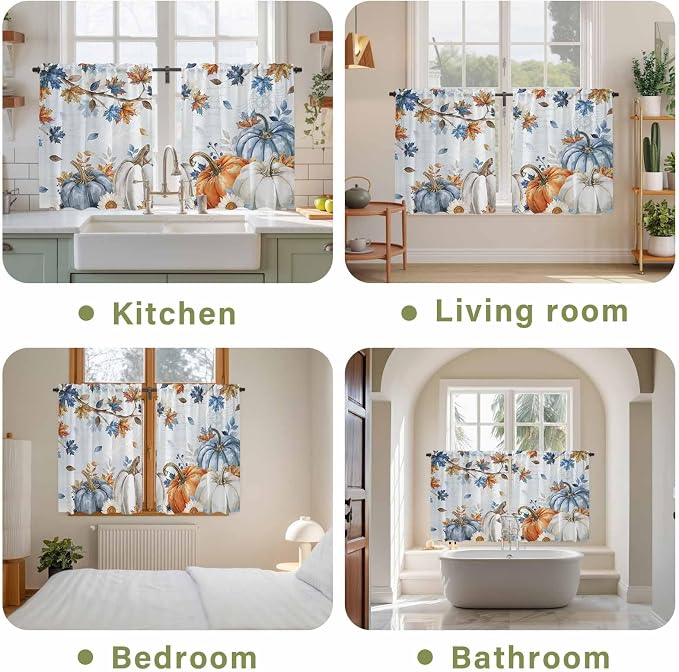 Fall Blue Maple Kitchen Curtains 45 Inch Long 2 Panel Set, Rod Pocket Window