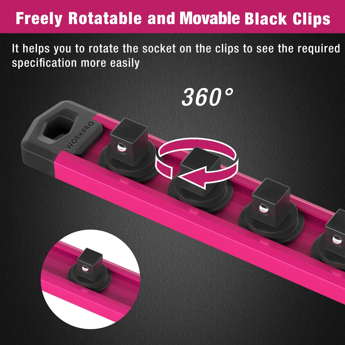 WORKPRO Magnetic Socket Organizer, 1/2-Inch Drive Aluminum Alloy Socket Rail, Heavy Duty Socket Holder, Socket Rack Kit 1/2-Inch x 10 Clips Rose Red(Socket not Included)