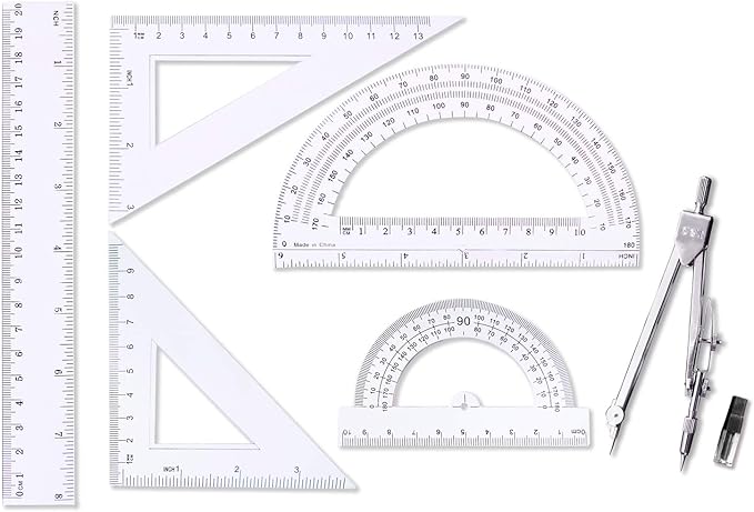 oxe Student Math Geometry Set,Drawing Compass 4 Inch and 6 Inch Clear Math Protractor Triangle Ruler 30/60 45/90 Degree and 8 Inch Ruler,Set of 6 Pcs