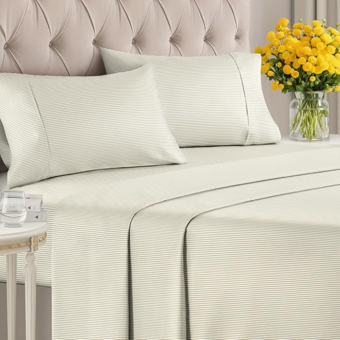 Biege Striped Sheets - Cream Bed Sheet Set - 1 Flat & 1 Fitted & 2 Pillowcases w/ Deep Pockets - Cozy, Wrinkle & Fade Resistant - Soft, Breathable, Cooling - Luxury Pinstripe Bedding - Queen Size
