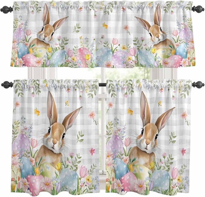 Kitchen Curtains Tiers and Valance Set of 3, Easter Light Filtering Window