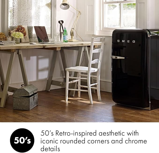 Smeg FAB5 16" 50's Retro Style Series Compact Cooler with 1.5 cu. ft. Capacity Automatic Defrost LED Interior Lighting and Adjustable Shelves Right Hand Hinge Made in Italy (Black)