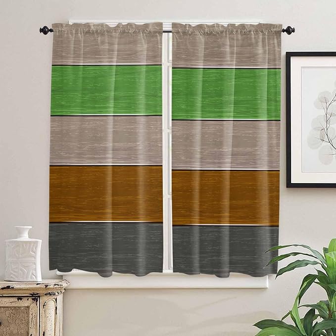 Farm Gray Green Brown Wood Grain Window Valance Curtains, Rustic Wooden Plank