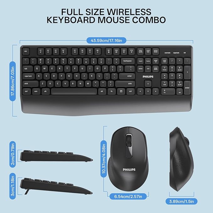 PHILIPS Wireless Keyboard and Mouse Combo-Ergonomic Keyboard and Mouse Wireless Combo,Plug n' Play,Sleep Mode and 2.4GHz Keyboard for Mac, Windows, Laptop-Black