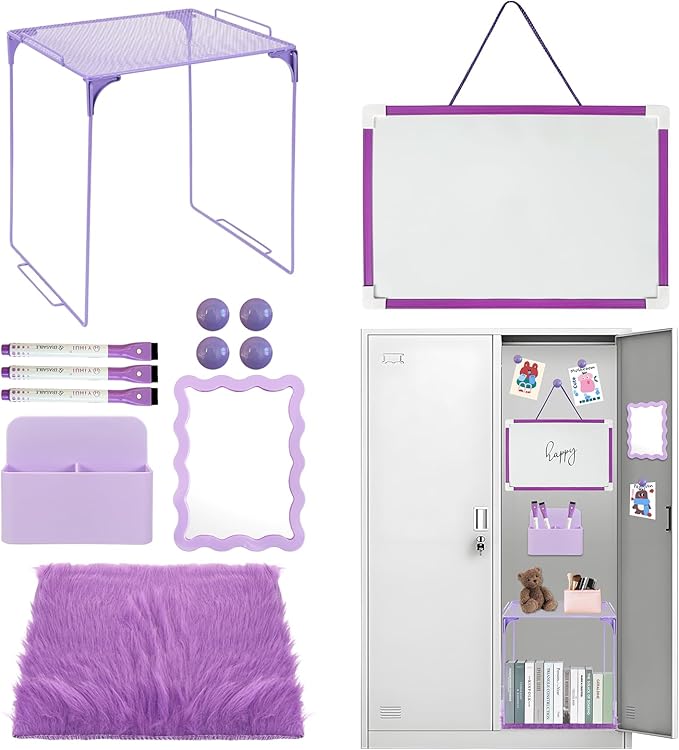 12 Pcs Locker Organizer and Decorating Kit, First Day of School Essentials,Back to School Essentials Locker Decoration, Print Whiteboard with Markers Plush Area Rug String Mirror(Purple)