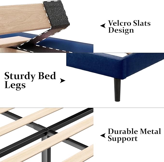 Queen Size Bed Frame with Upholstered Wingback Headboard, Easy Assemnly Platform Bed, Wooden Slat Support No Box Spring Needed, Navy Blue