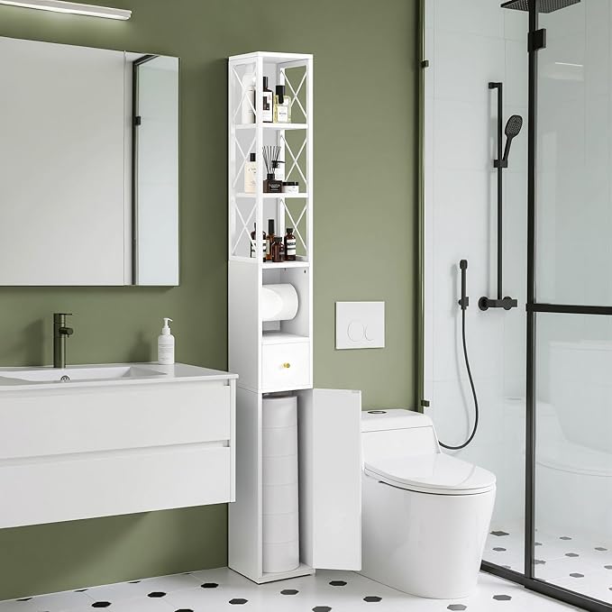 VECELO Narrow Bathroom Storage Cabinet with X-Frame Metal Design, 67" Tall Freestanding Cabinet with Toilet Paper Holder, Slim Tower Cabinet with Magnetic Door & Drawer, for Small Spaces, White