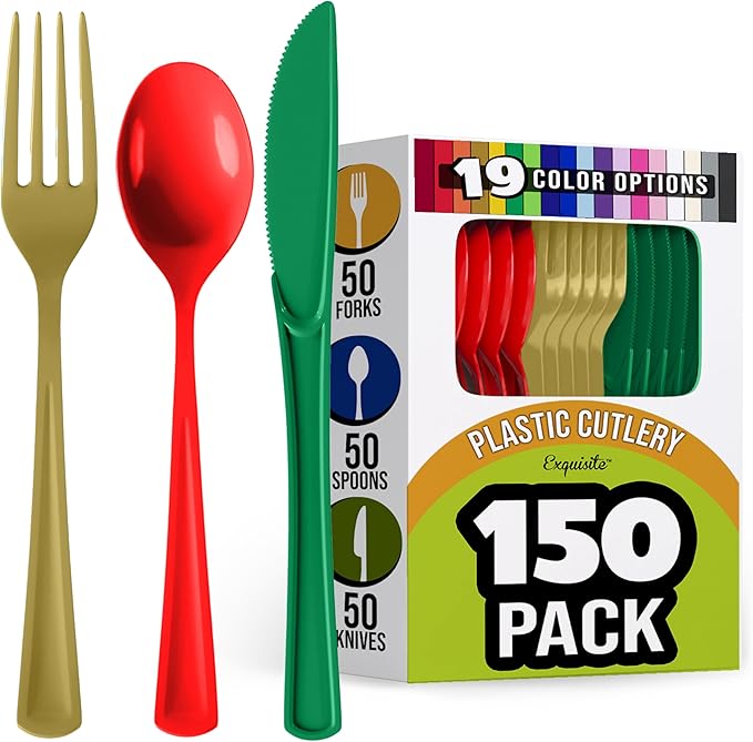 Party Solids Christmas Plastic Silverware 150 Pcs Christmas Cutlery Set
